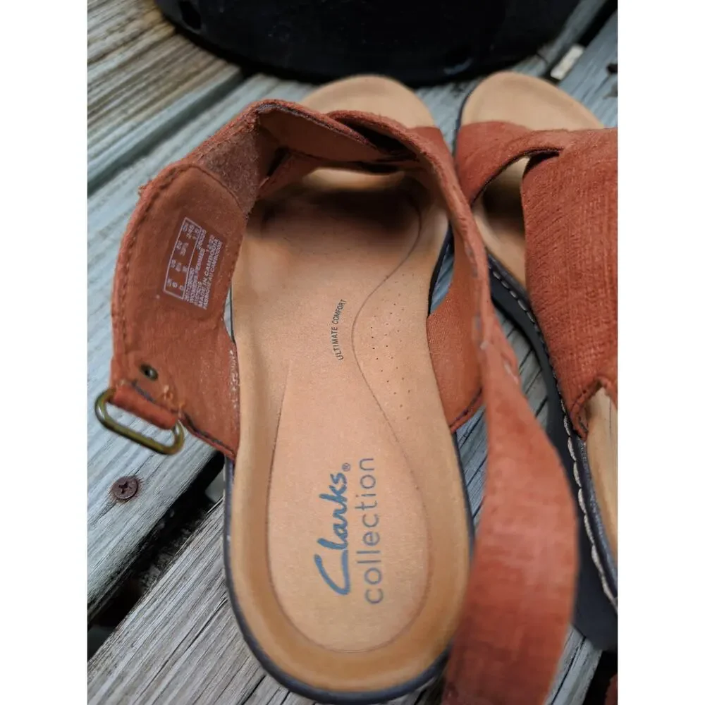 Clarks Collection Merliah Echo Sandals Brown Rust 8.5 Strappy Wedge Foam Footbed